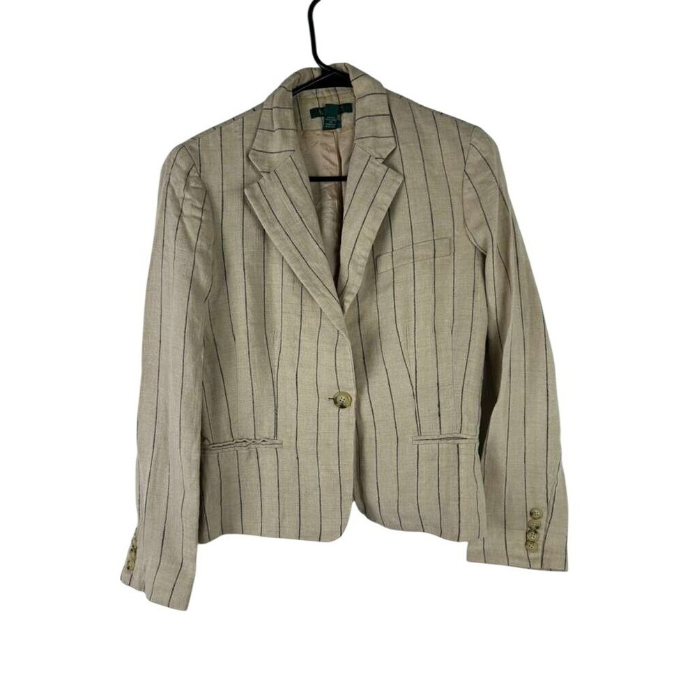 Lauren Ralph Lauren Women's Size 4 Striped Linen Blend Blazer Beige